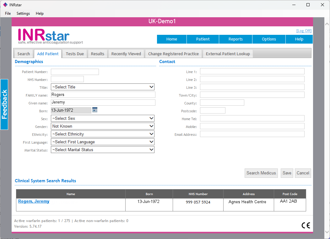 INRstar Add Patient form showing a successful Medicus search using family name, given name and date of birth