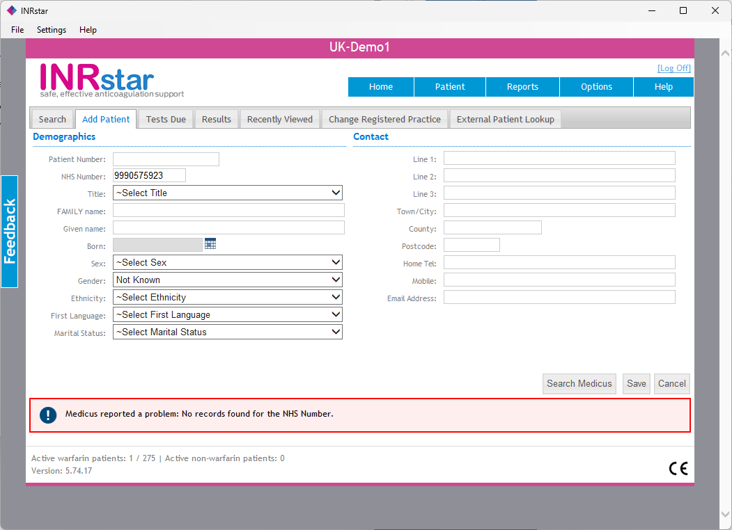 INRstar displaying a Medicus message that no records were found for the NHS number