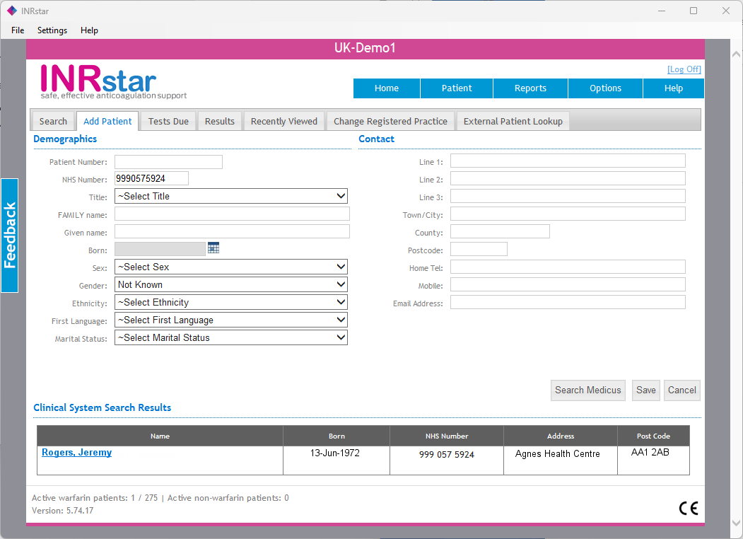 INRstar Add Patient form showing a successful Medicus search using an NHS number