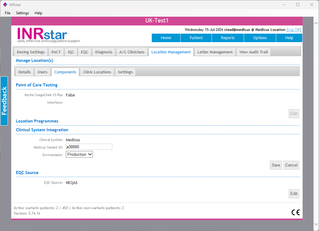 INRstar Location Management Components tab showing the Clinical System Integration section with Clinical System set to Medicus, a Medicus Tenant ID field and an Environment dropdown set to Production